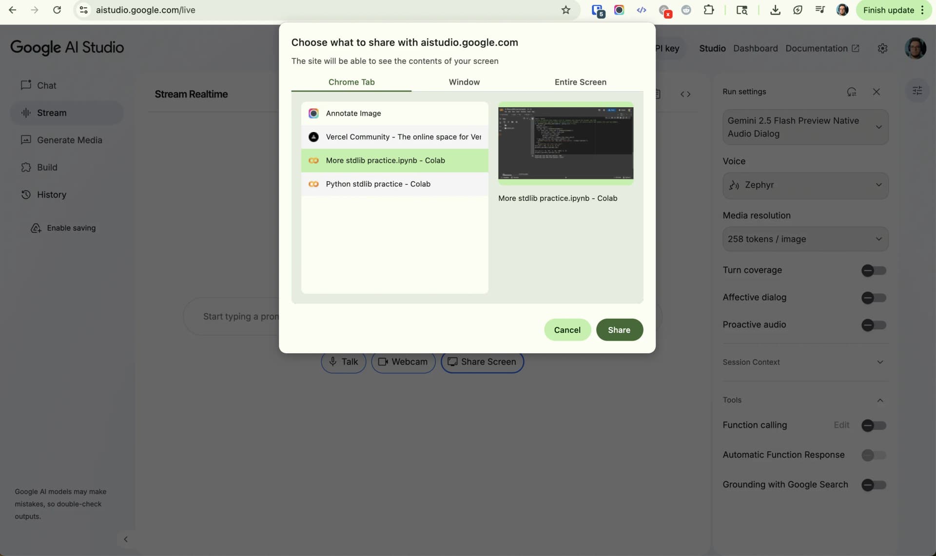 Browser screen sharing dialog showing Google Colab tab being shared with Google AI Studio for live coding assistance
