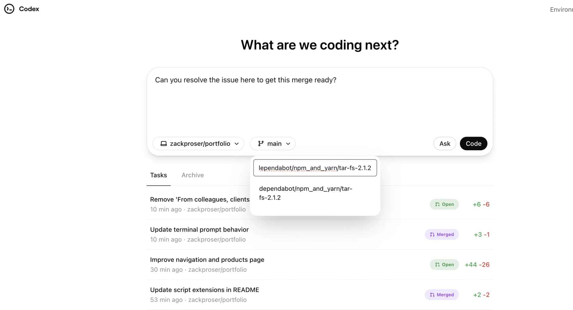Asking Codex to resolve a merge issue
